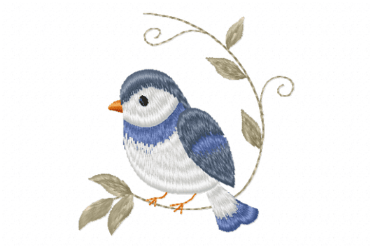 Adorable blue and white bird embroidery design perched on a leafy branch.