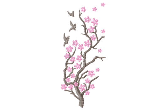 Elegant floral embroidery design with pink blossoms and birds.