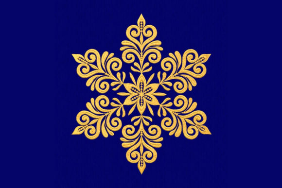 Gold snowflake embroidery design on blue background