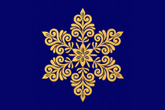 Gold snowflake embroidery design on blue background