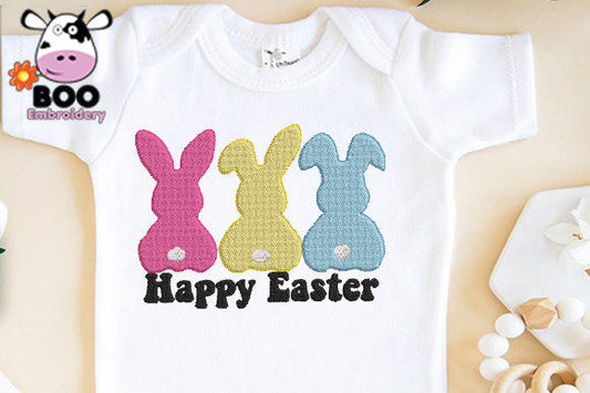 Happy Easter Bunny embroidery design on white fabric