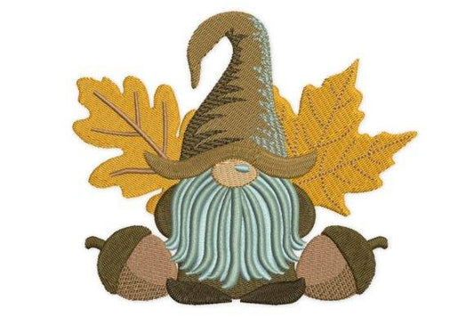 Happy Fall Gnome embroidery design with autumn leaves and acorns.