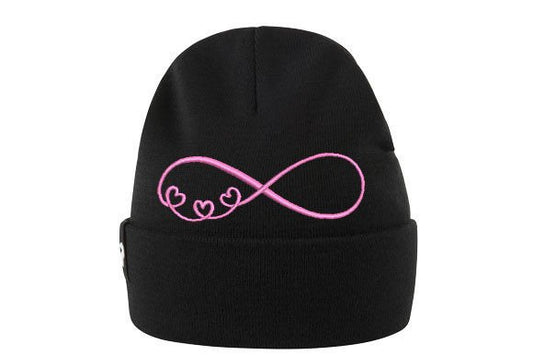 Black beanie with pink infinity heart embroidery design