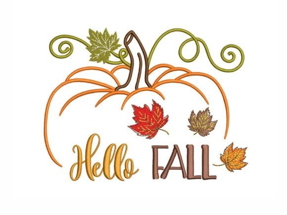 Hello Fall embroidery design with pumpkin and leaves