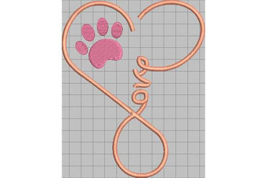 Heart-shaped embroidery with pink paw print and 'love' text.