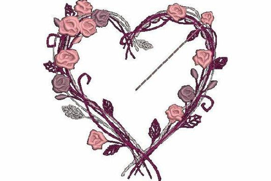 Floral heart embroidery design with pink and purple roses.