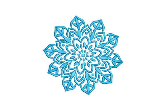 Intricate blue mandala embroidery design with floral patterns.