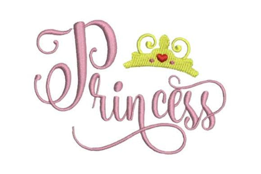 Princess embroidery design with pink script text and yellow crown.