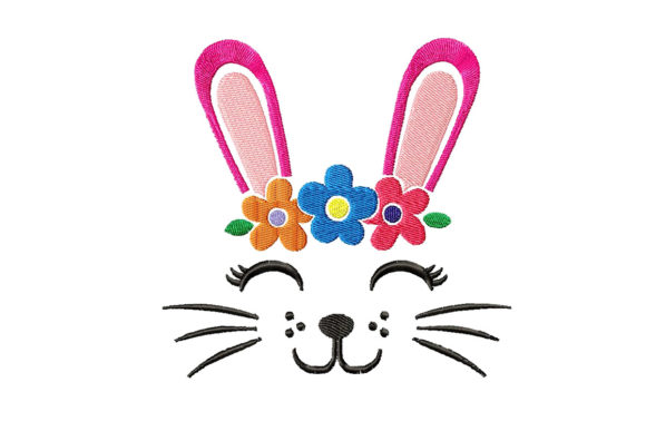 Rabbit embroidery design with colorful flower wreath