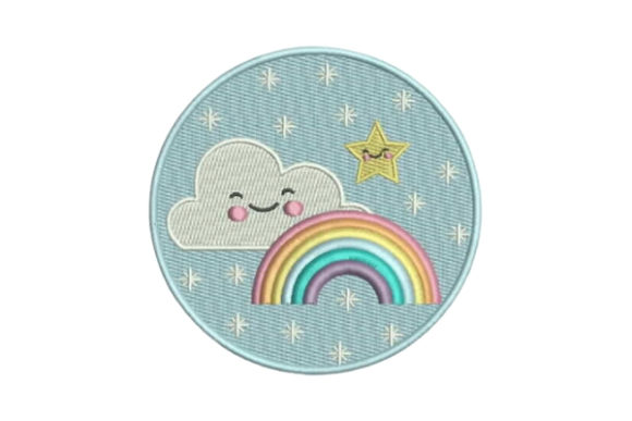 Rainbow clouds embroidery design with star and smiling cloud