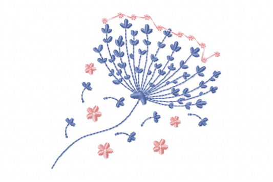 Delicate floral embroidery design with blue and pink stitching.