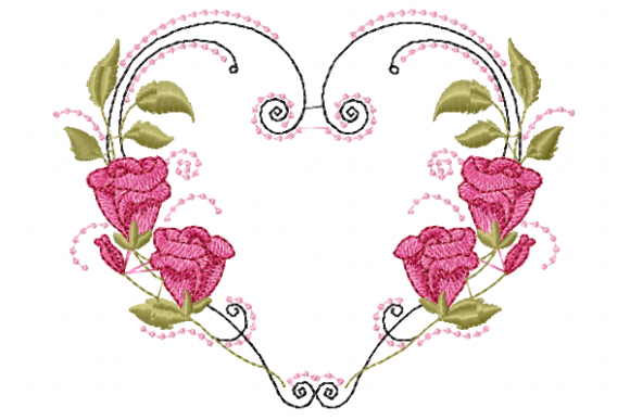 Rose Heart embroidery design with pink roses and green leaves