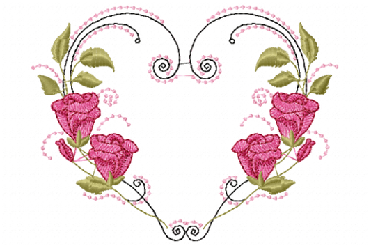 Rose Heart embroidery design with pink roses and green leaves