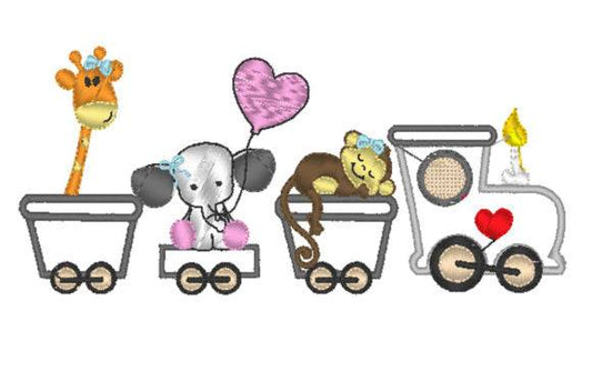 Adorable train embroidery design with giraffe, elephant, and monkey.